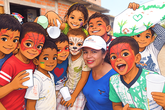 Niños con caritas pintadas junto a la líder - JugandoAndo